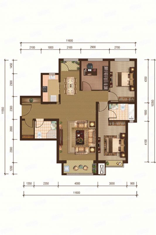 包头装修方案中环悦府B户型3室2厅2卫125m2