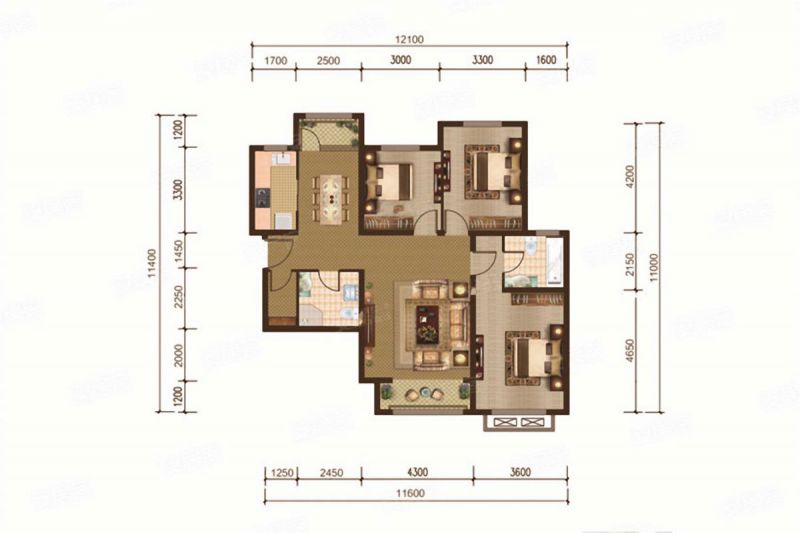 包头装修方案中环悦府C1户型3室2厅2卫134m2