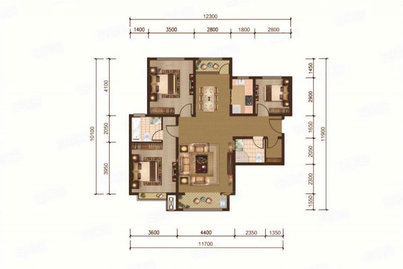包头装修方案中环悦府C户型3室2厅2卫124m2
