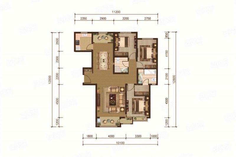 包头装修方案中环悦府E户型3室2厅2卫117m2