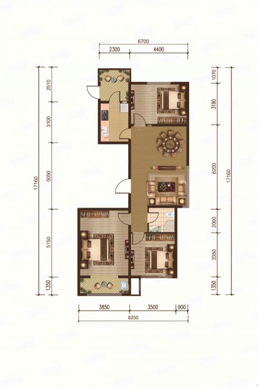 包头装修方案中环悦府H户型3室2厅1卫125m2