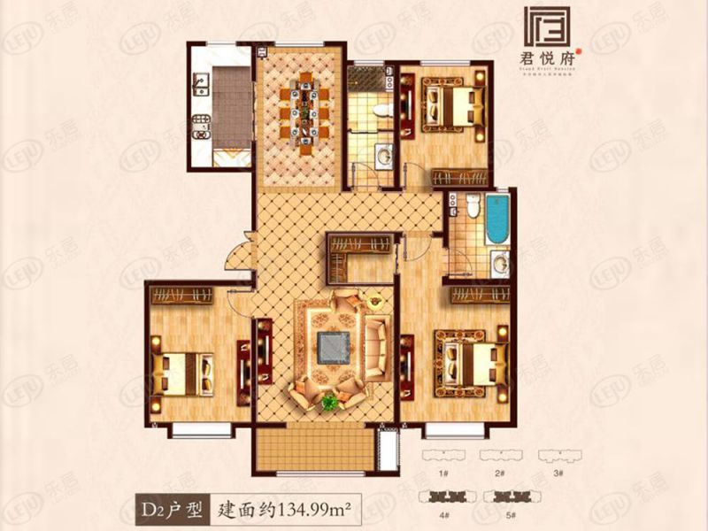 包头装修方案君悦府三室两厅两卫134.99平方米