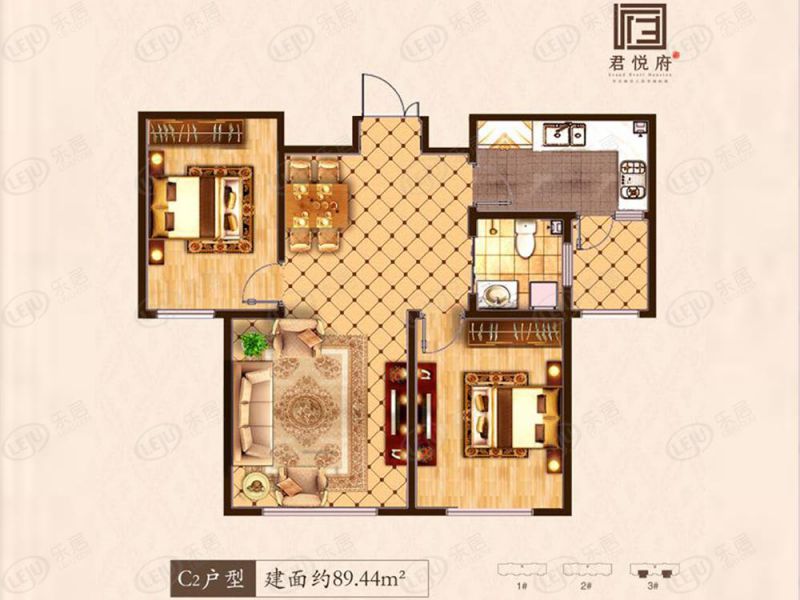 包头装修方案君悦府两室两厅一卫89.44平方米