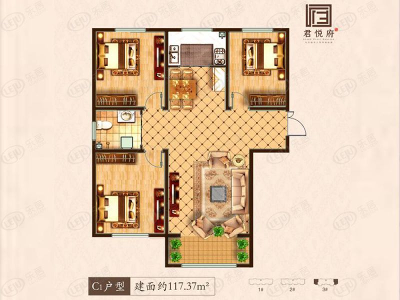 包头装修方案君悦府三室两厅一卫117.37平方米
