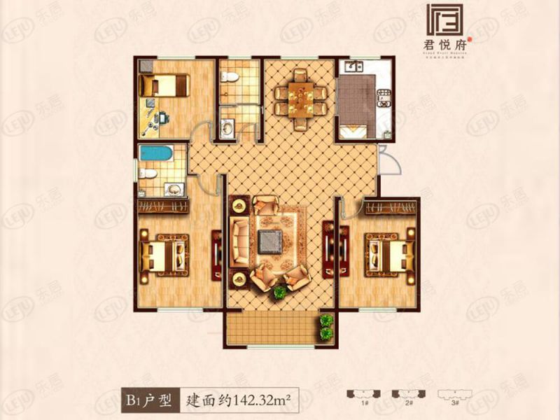 包头装修方案君悦府三室两厅两卫142.32平方米