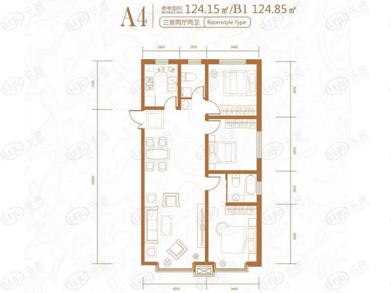 包头装修方案名仕花园三室两厅两卫124.15平方米