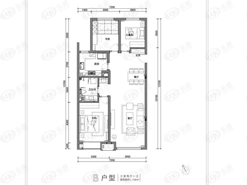 包头装修方案万科中央公园三室两厅一卫119平方米