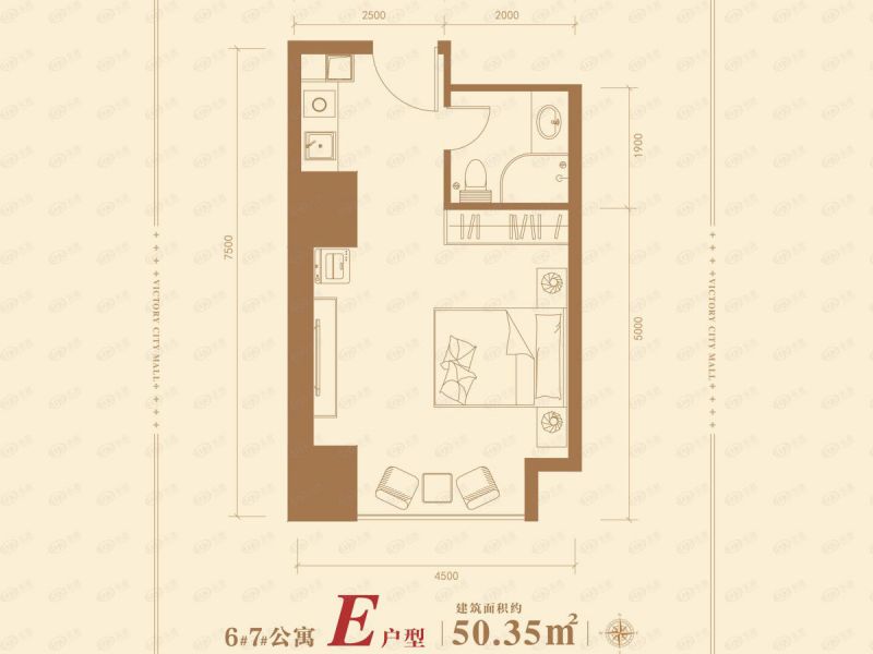 包头装修方案维多利摩尔城一室一厅一卫50.35平方米