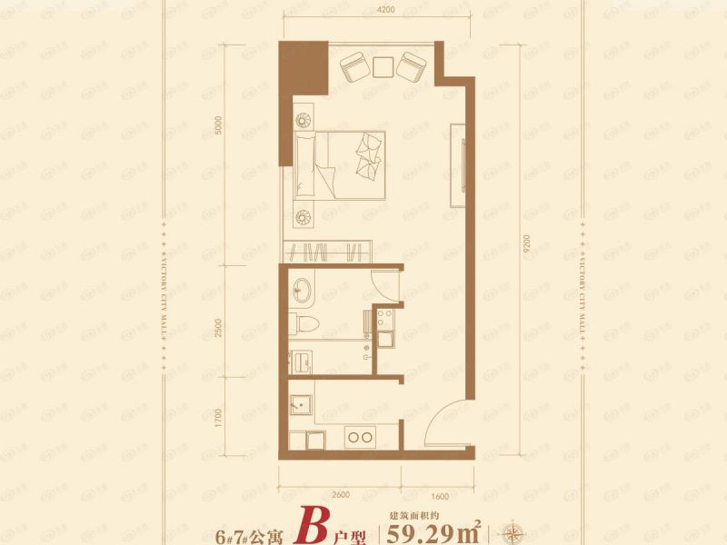 包头装修方案维多利摩尔城一室一厅一卫59.29平方米