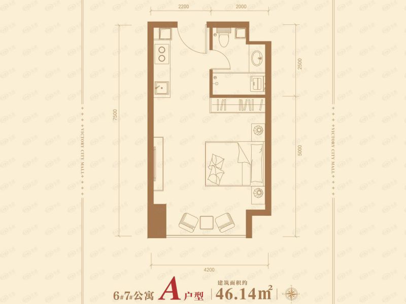 包头装修方案维多利摩尔城一室一厅一卫46.14平方米