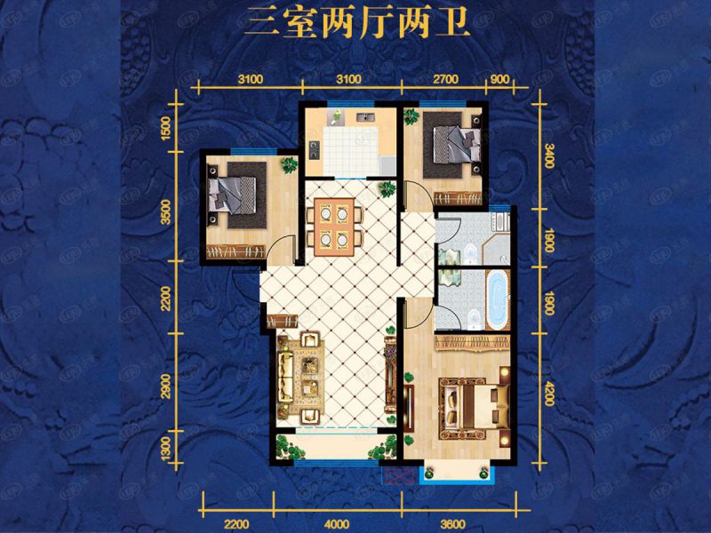 包头装修方案鑫海花园·御苑三室三厅三卫119.68平方米