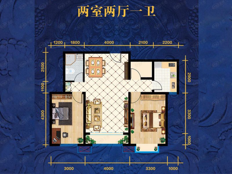 包头装修方案鑫海花园·御苑两室两厅一卫100.90平方米