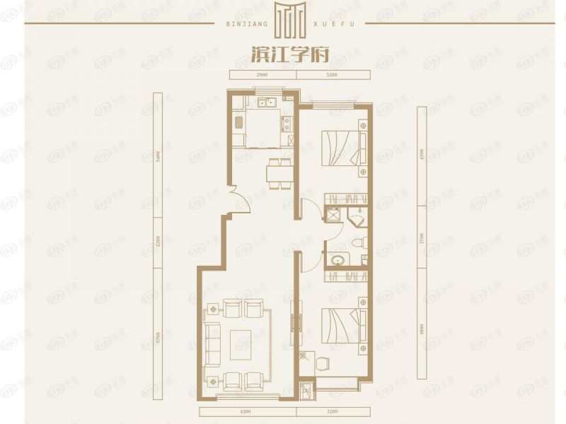 包头装修方案滨江学府两室两厅一卫96.39平方米