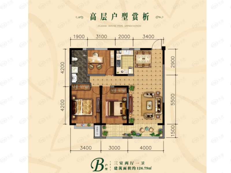 包头装修方案叠峰翠谷三室两厅一卫126.79平方米