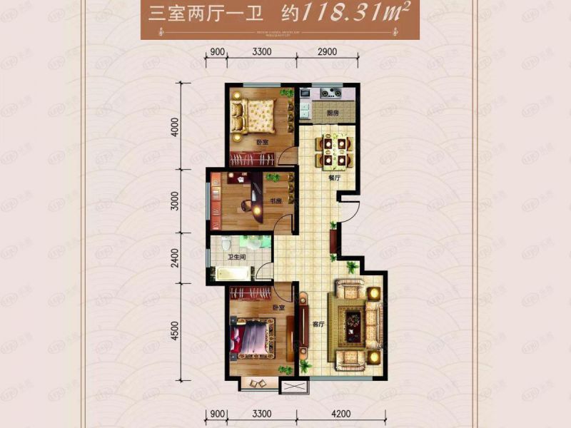包头装修方案东方天城三室两厅一卫118.31平方米