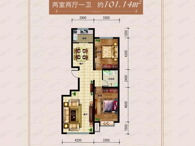 包头装修方案东方天城两室两厅一卫101.14平方米
