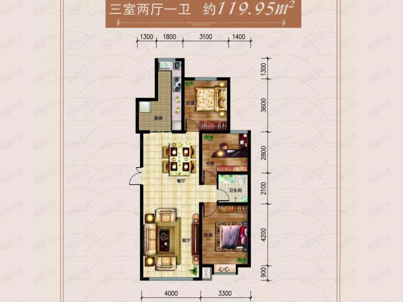 包头装修方案东方天城三室两厅一卫119.95平方米