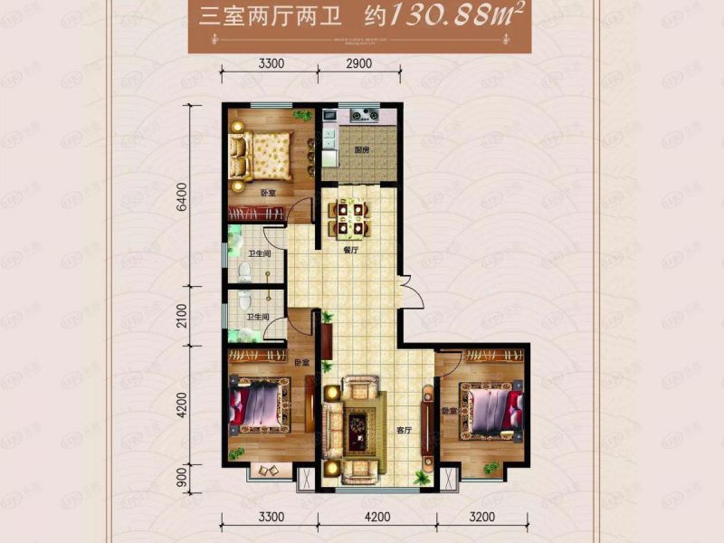 包头装修方案东方天城三室两厅两卫130.88平方米