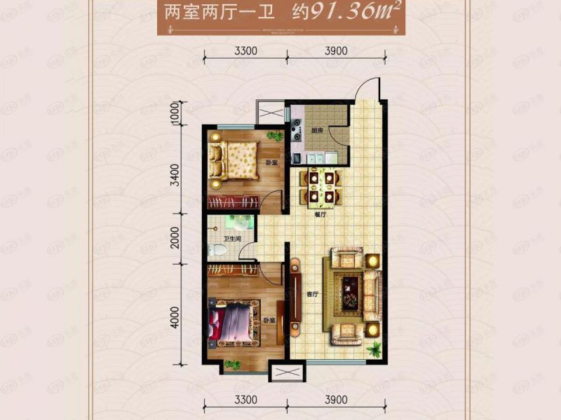 包头装修方案东方天城两室两厅一卫91.36平方米