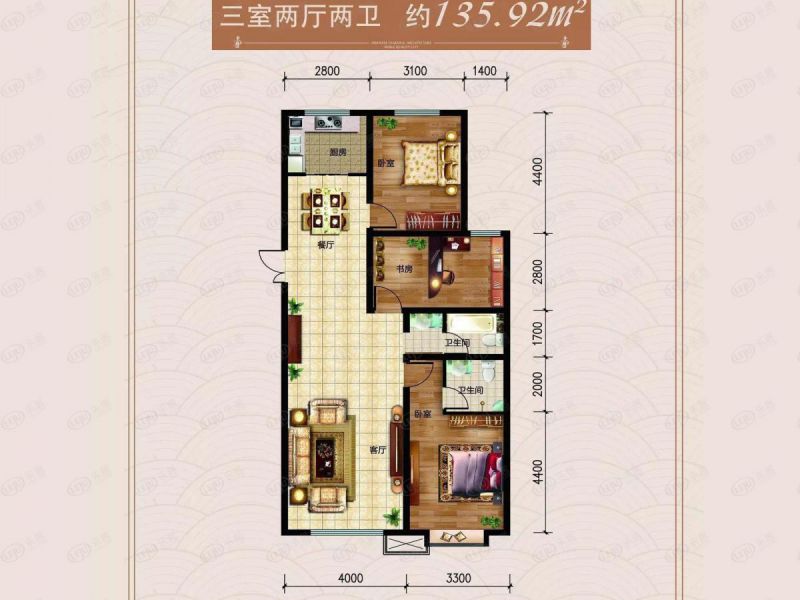 包头装修方案东方天城三室两厅两卫135.92平方米