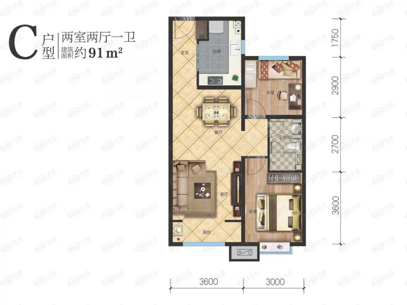 包头装修方案富力熙悦居两室两厅一卫91平方米