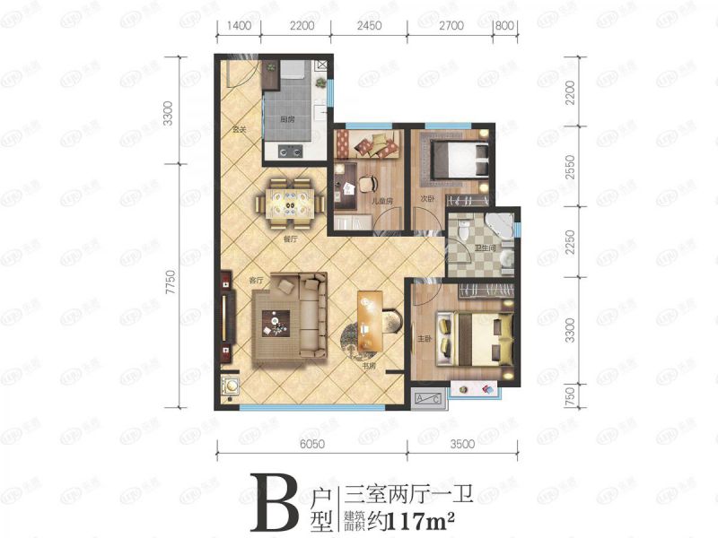 包头装修方案富力熙悦居三室两厅一卫117平方米