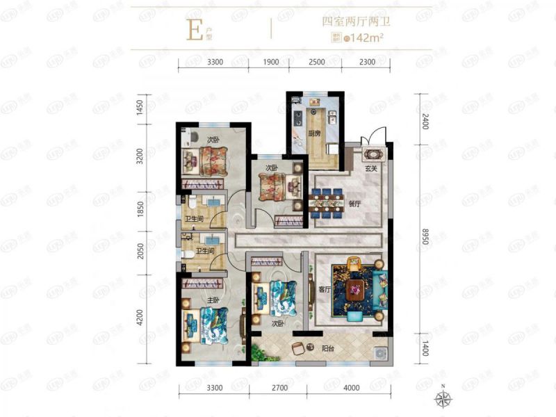 包头装修方案伊泰·华府荟四室两厅两卫142平方米