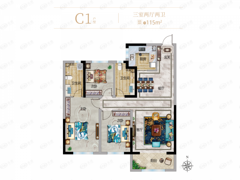 包头装修方案伊泰·华府荟三室两厅两卫115平方米