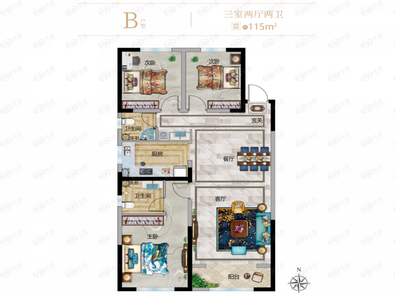 包头装修方案伊泰·华府荟三室两厅两卫115平方米