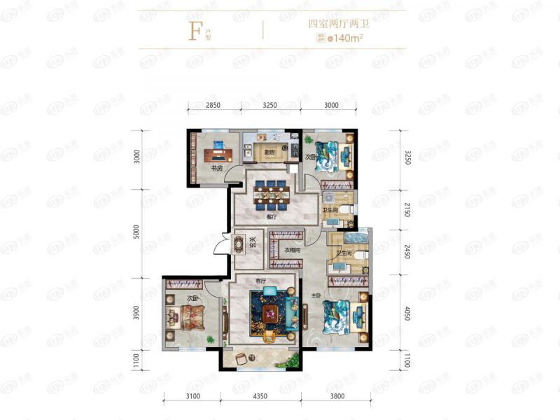 包头装修方案伊泰·华府荟四室两厅两卫140平方米