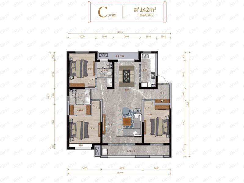 包头装修方案中国铁建·景晟学府三室两厅两卫142平方米